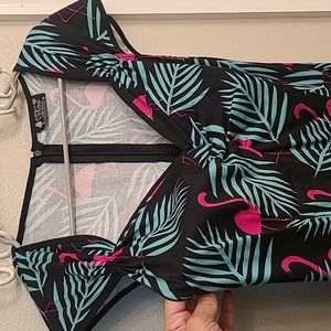 Lady V of London pinup flamingo palm dress pink so cute size UK 14 US 10 large